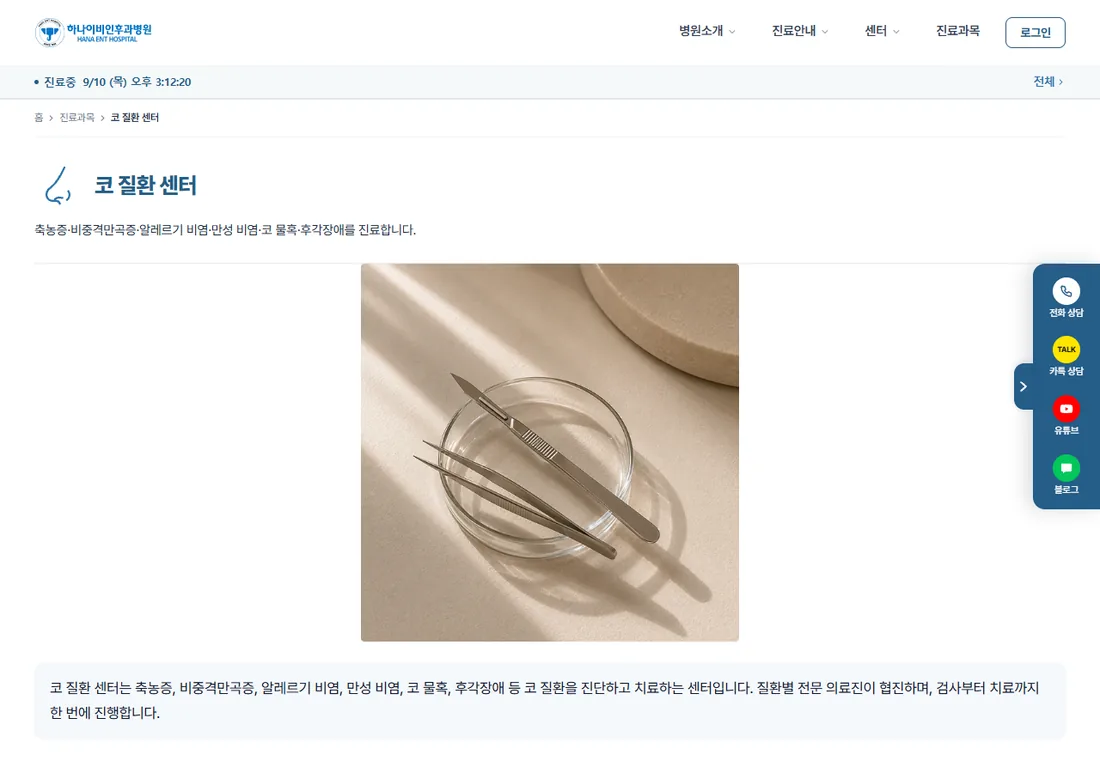 코 질환 센터 페이지입니다. 축농증·비중격만곡증·알레르기 비염·만성 비염이 각각 별도 문서로 갈라집니다.
